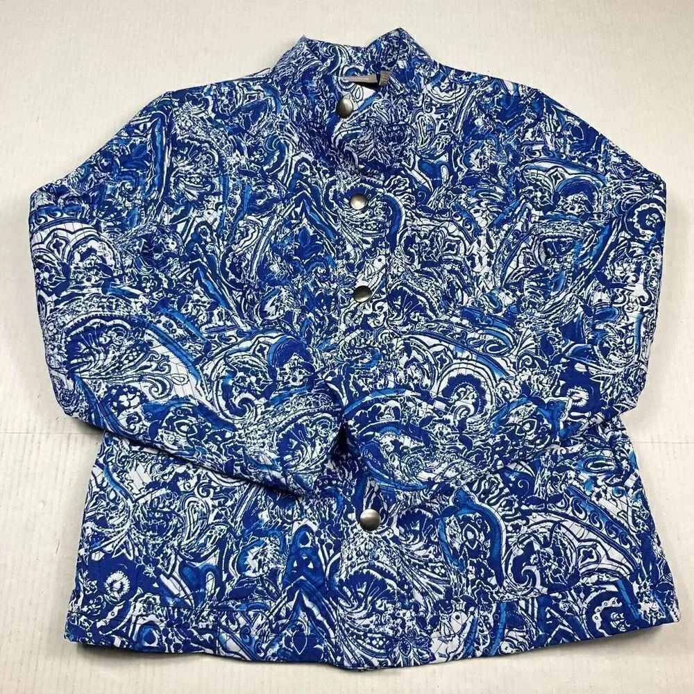Chicos Quilted Casual Jacket Paisley Snap Button Long Sleeve Pockets 1 Medium